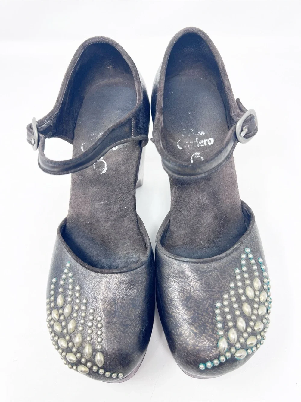CALLEEN CORDERO BROWN LEATHER STUDDED ROIND TOE WOODEN PLATFORM CLOGS SHOES SZ 8